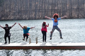 Leapers jump into Lake Louise during Saturday's "Leap for Literacy."  (Photo courtesy: Robin Dake)
