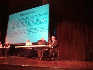 Stephens County School Superintendent Bryan Dorsey (right) makes a presentation at the start of Monday's public hearing.