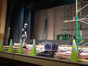 Crews work to raise the screen last week at the Schaefer Center in Toccoa (Photo courtesy of Main Street Toccoa)